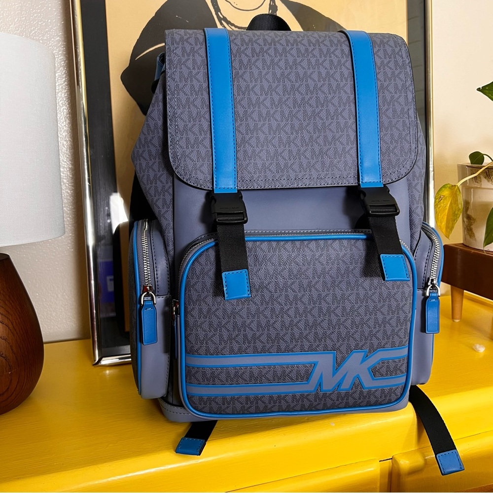 New Michael Kors Cooper Denim Blue Utility Rucksack Flap Pocket Large Backpack